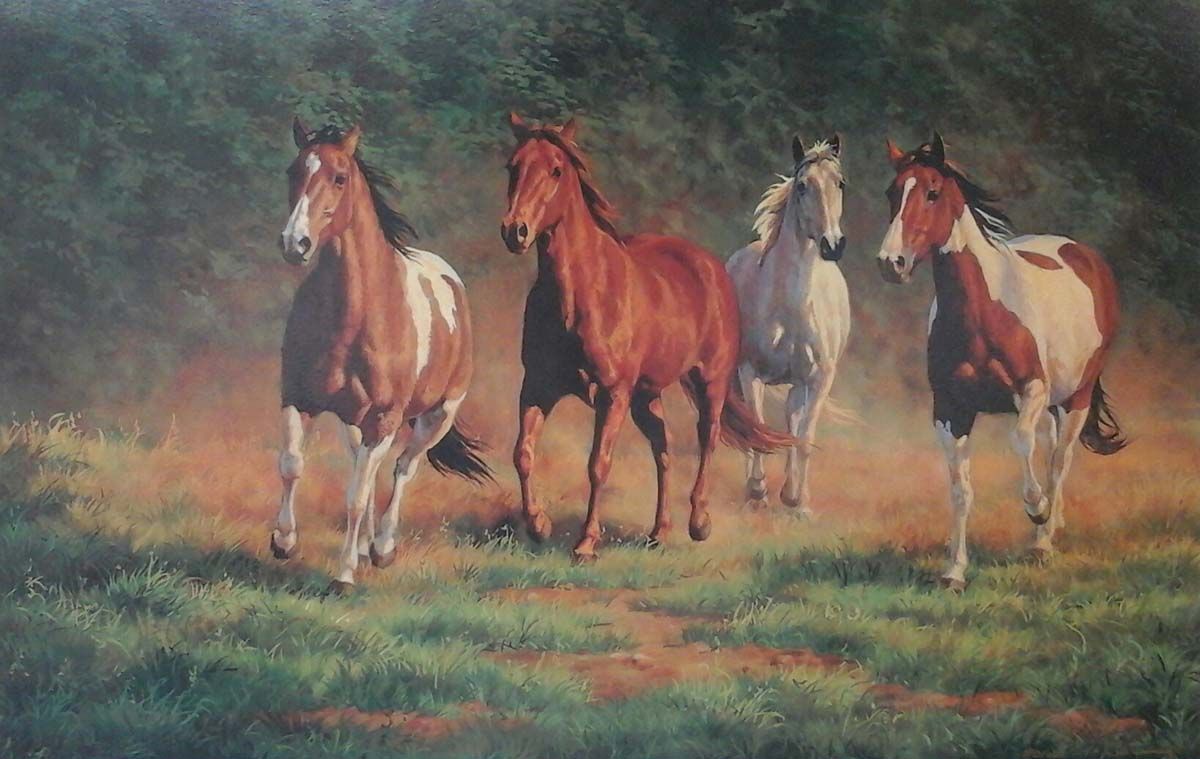 A painting of four horses running in a field