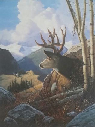 A painting of a deer in the mountains