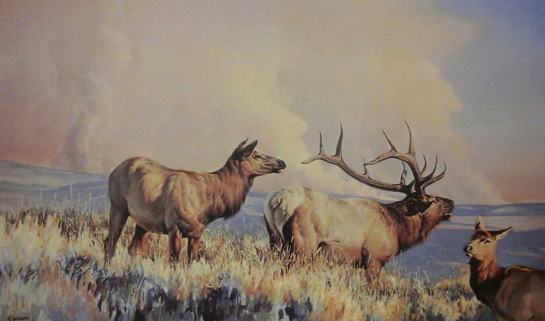 A painting of a herd of elk standing in a field