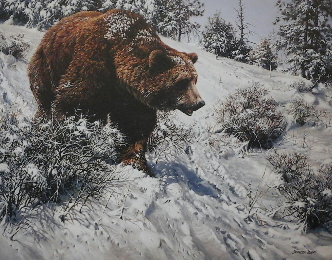 A painting of a brown bear in the snow