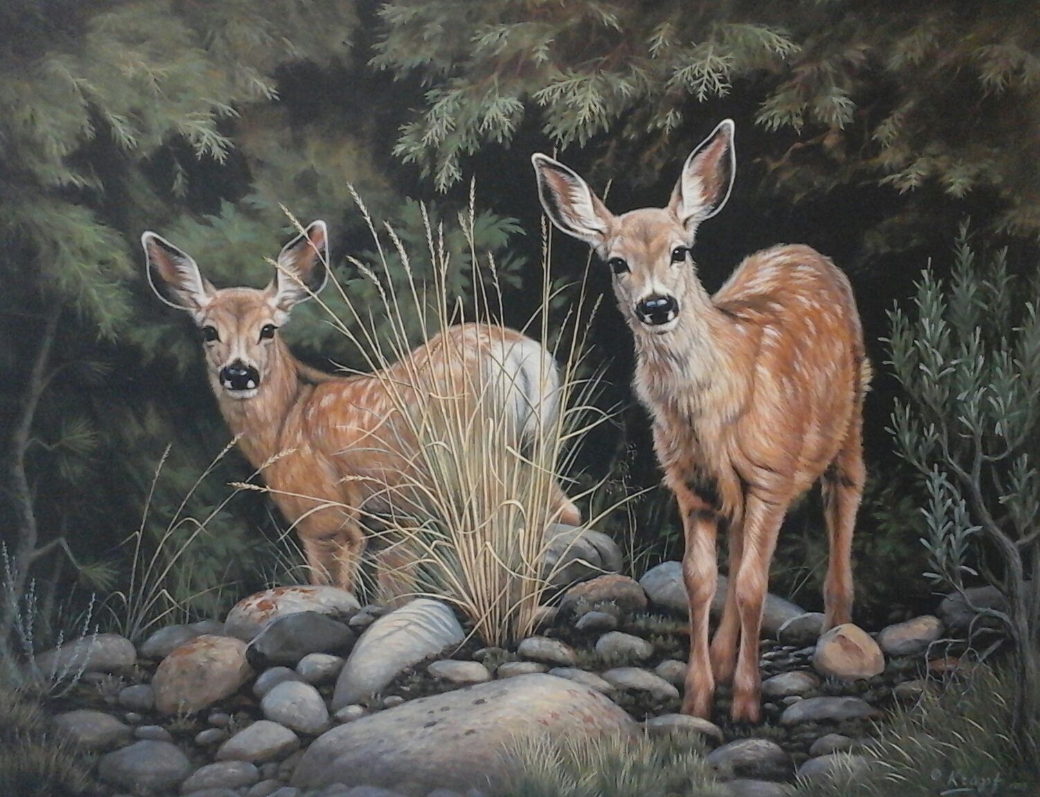 A painting of two deer standing next to each other