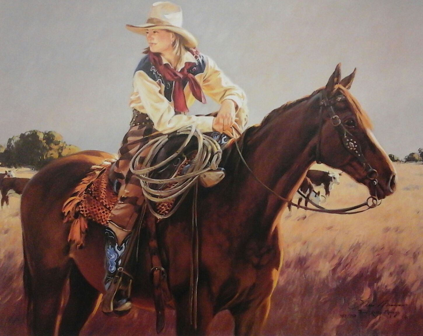 A painting of a woman riding a horse in a field