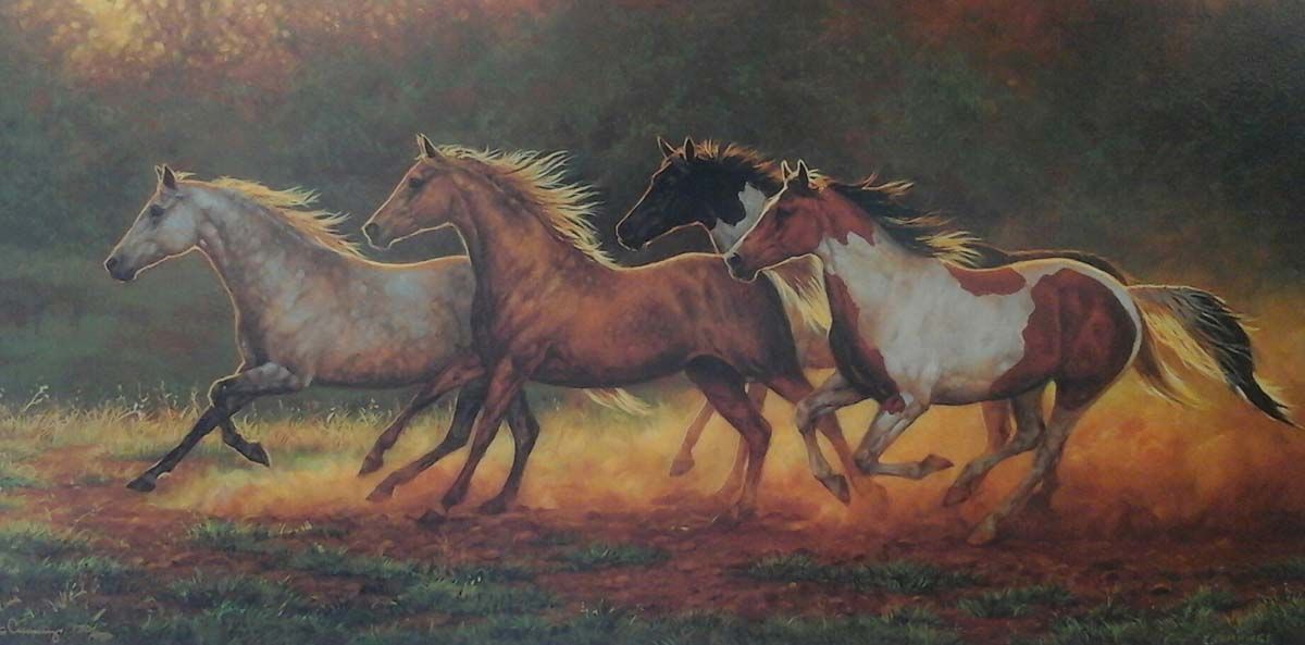 A painting of a herd of horses running in a field