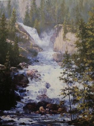 A painting of a river flowing through a forest