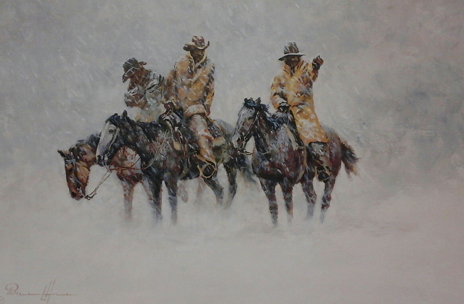 A painting of three men riding horses in the snow.