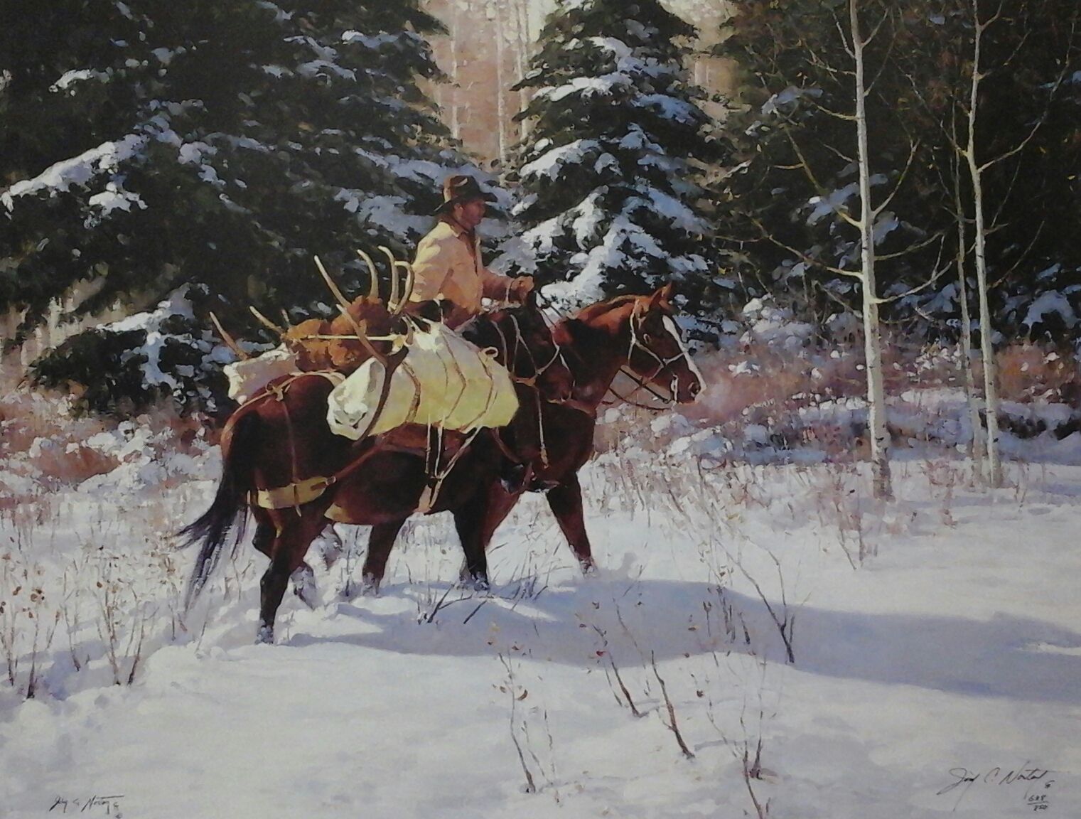 A painting of a man riding a horse in the snow