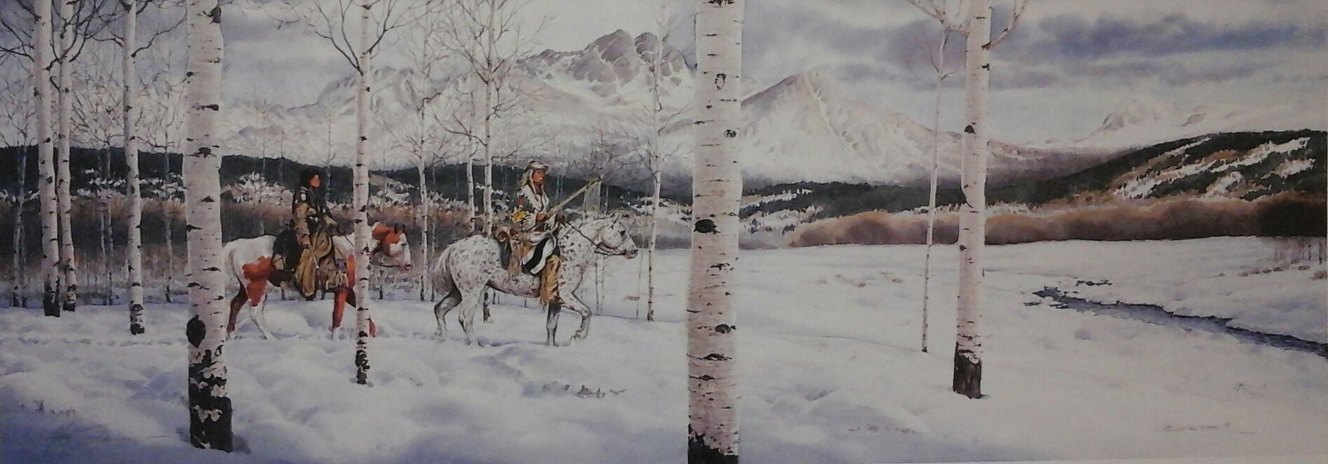 A painting of a snowy forest with trees and mountains in the background