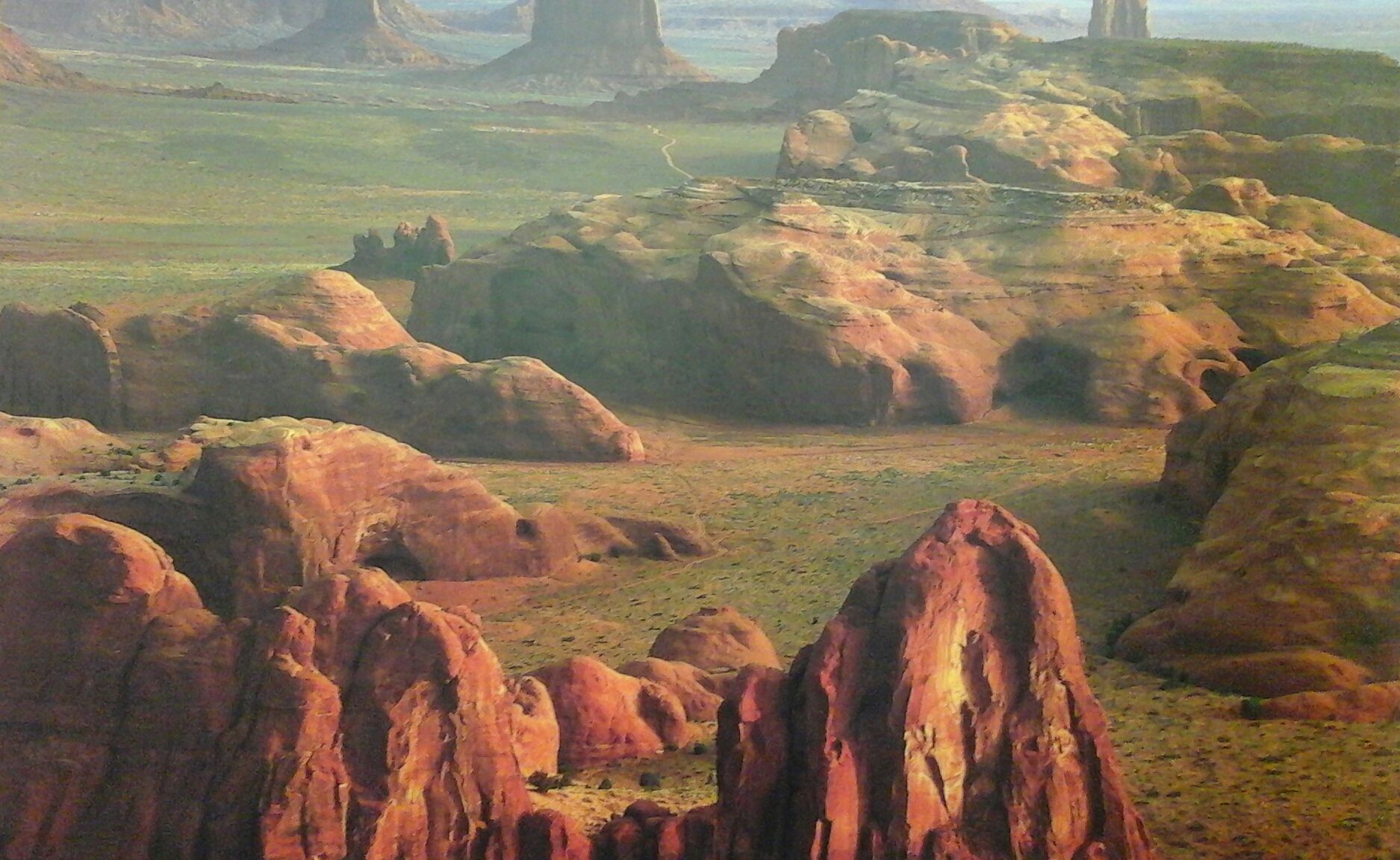 A painting of a desert landscape with rocks and trees
