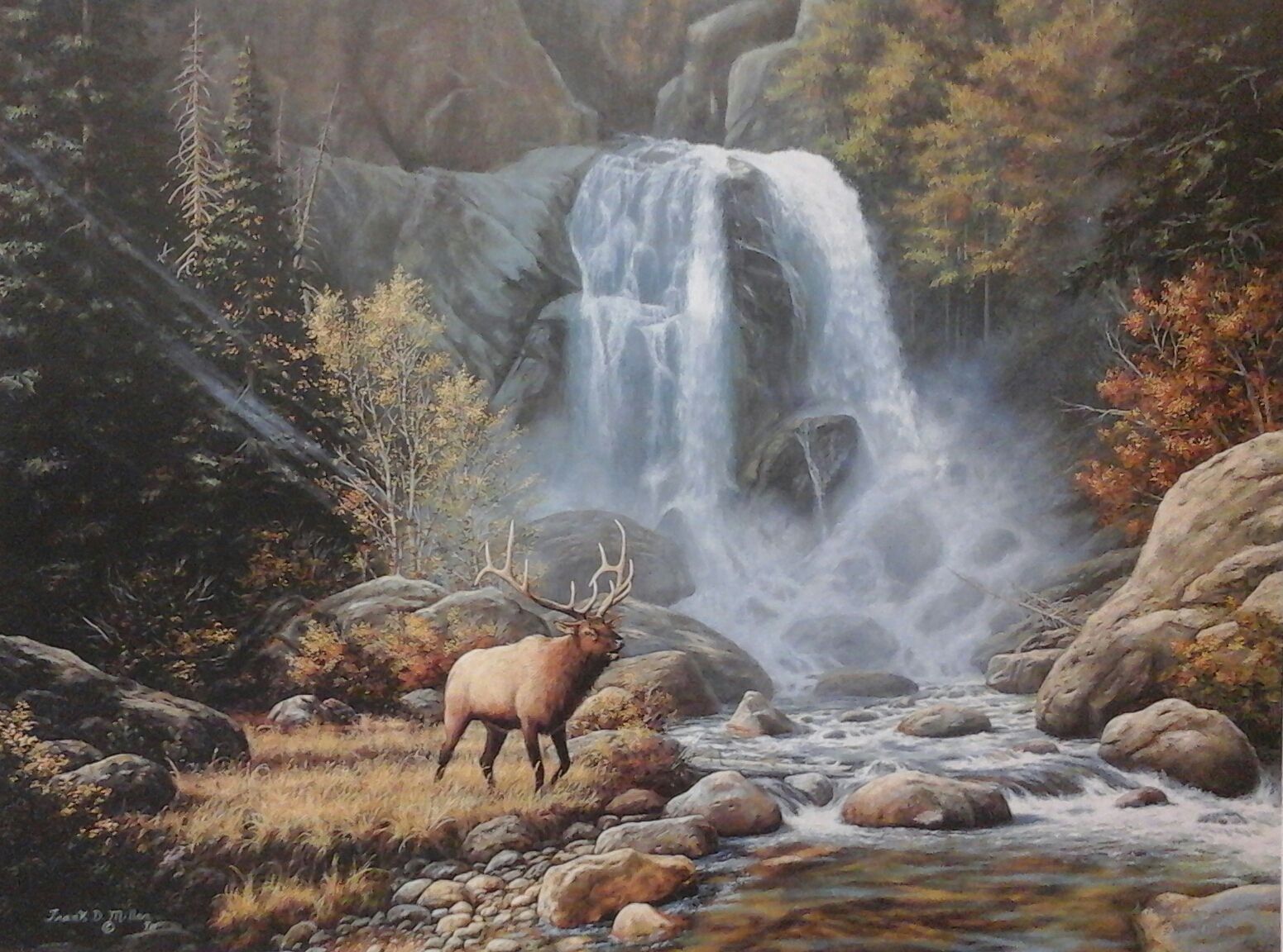 A painting of an elk standing in front of a waterfall