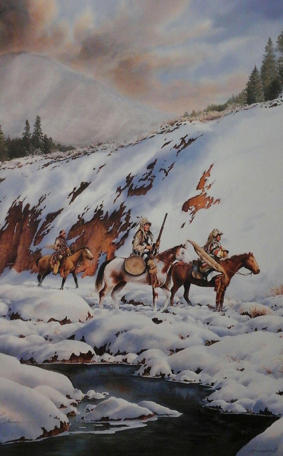 A painting of people riding horses in the snow