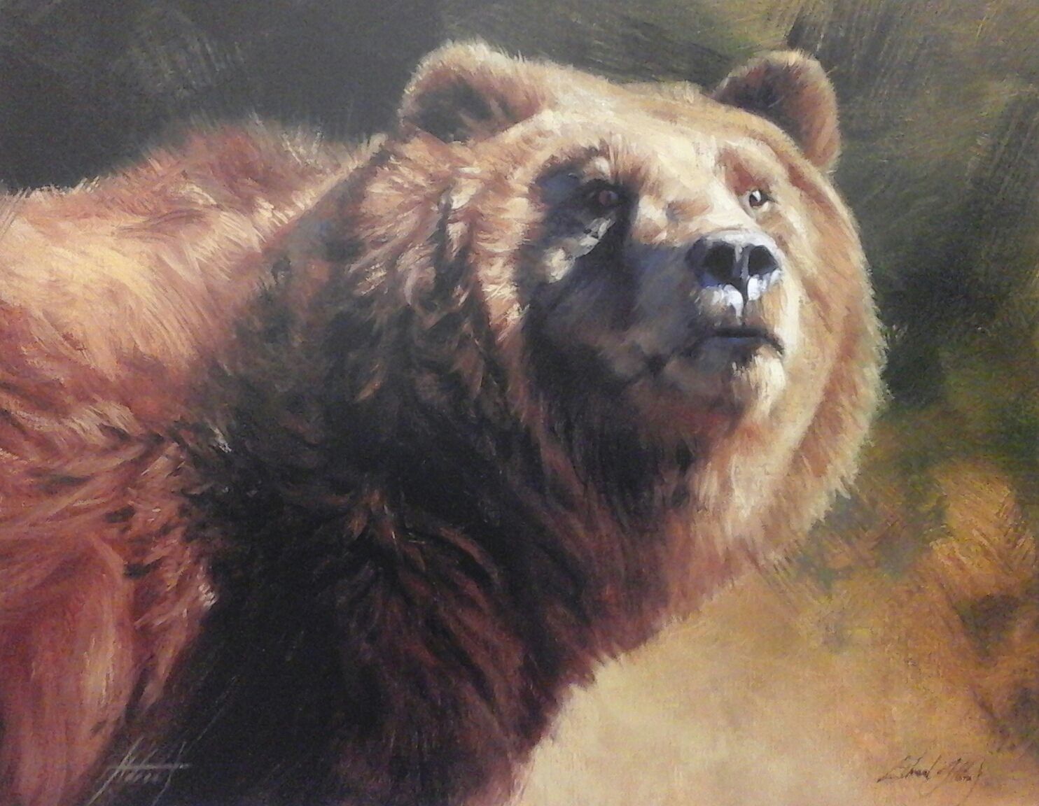 A close up of a brown bear 's face in a painting