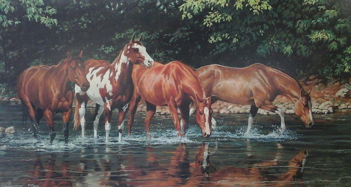 A painting of horses drinking water from a river