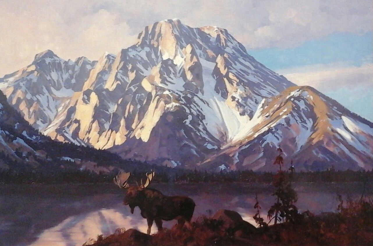 A painting of a moose standing in front of a mountain