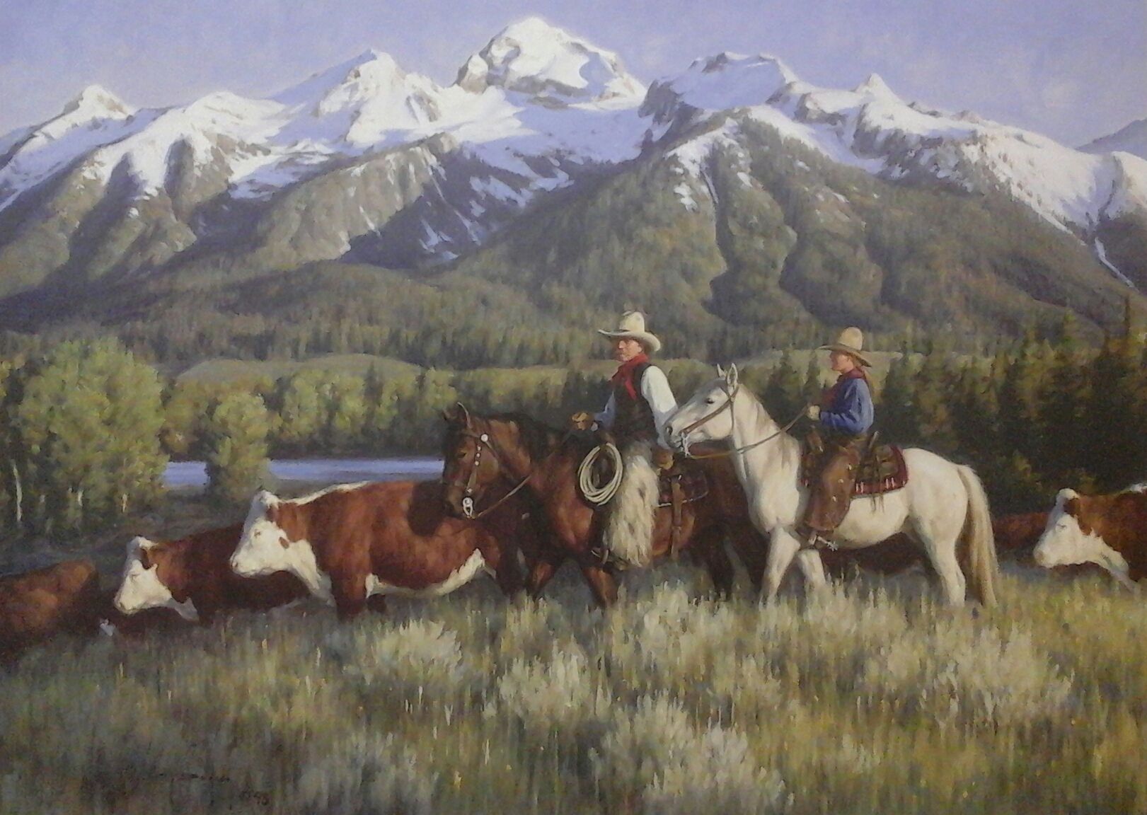 A painting of two men riding horses with cows in the background