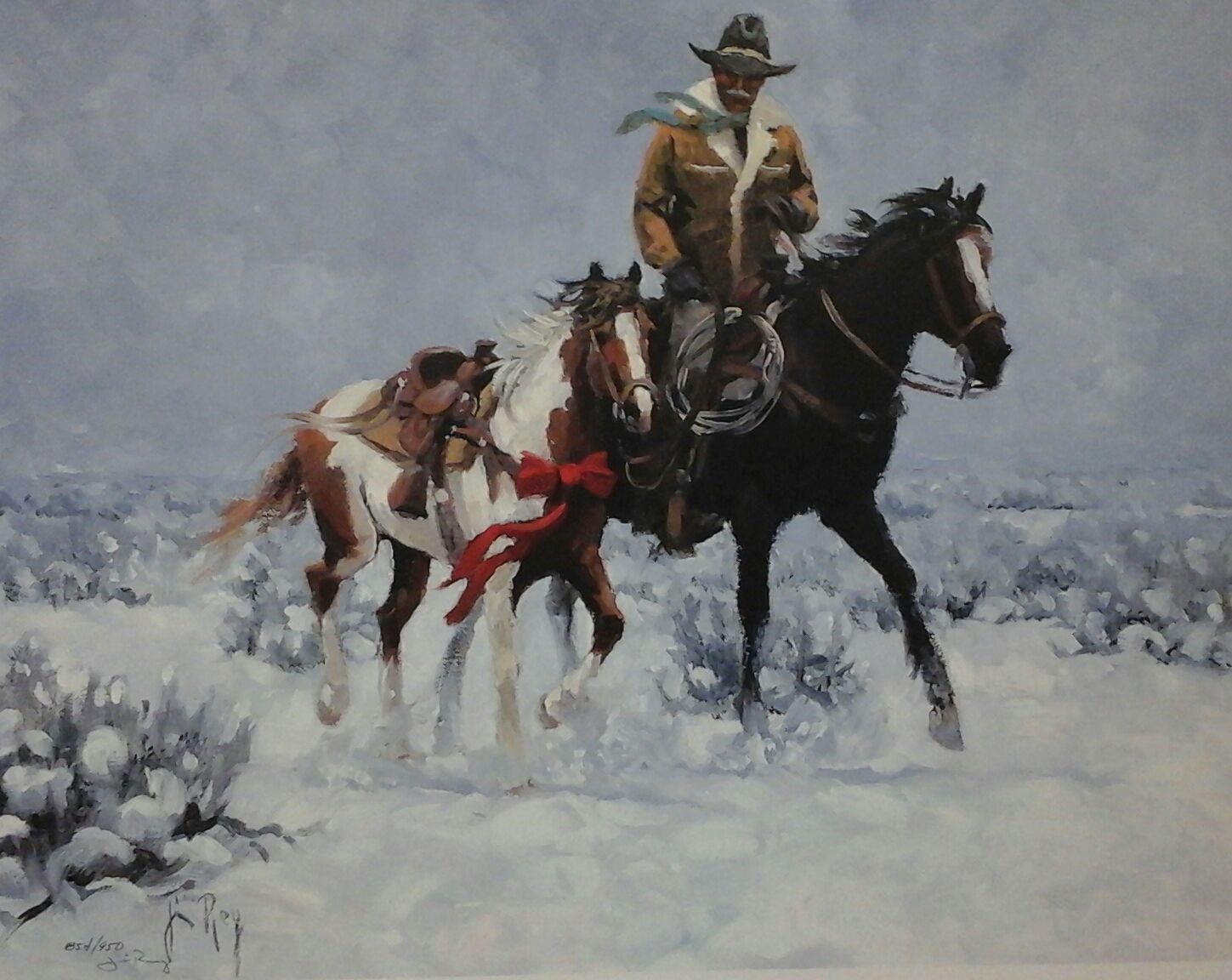 A painting of a man riding two horses in the snow