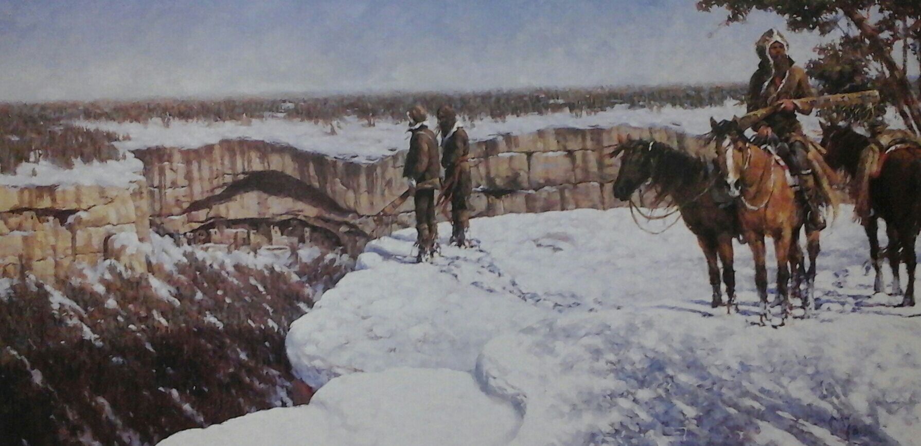 A painting of people riding horses in the snow