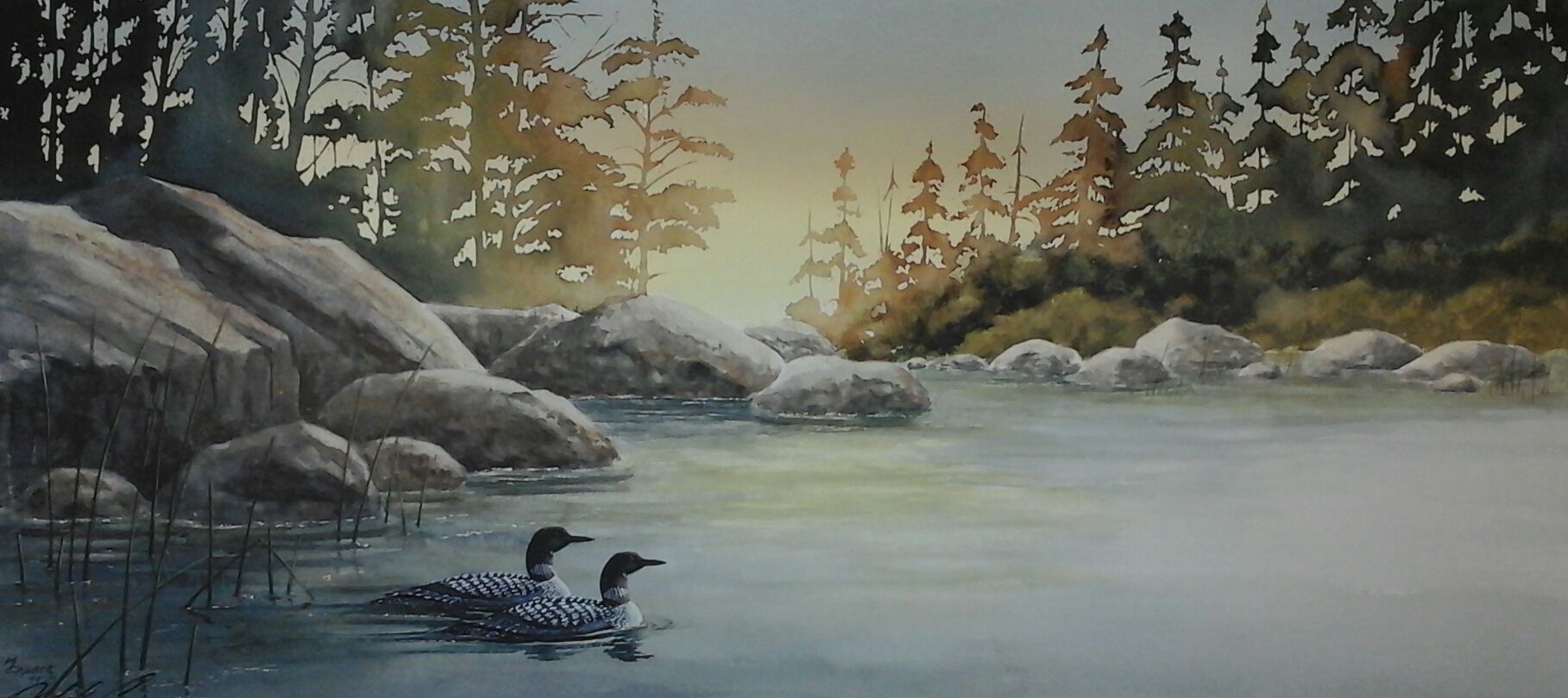 A watercolor painting of two ducks swimming in a river.