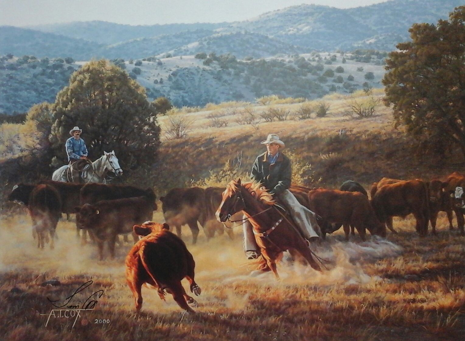 A painting of two men on horses herding cattle
