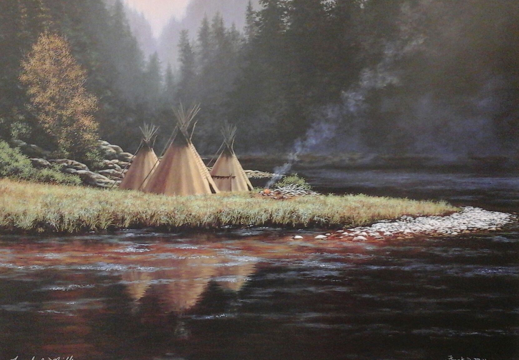A painting of teepees on a small island in the middle of a river