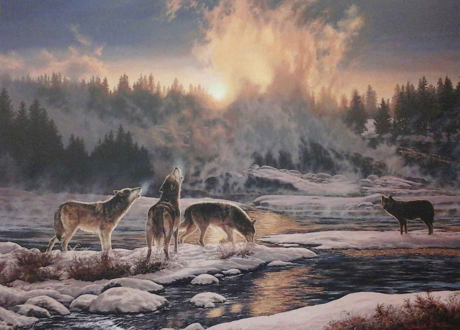 A painting of wolves howling in the snow near a river