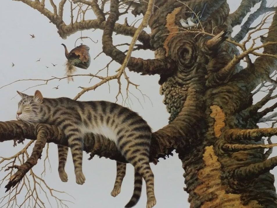A painting of a cat sleeping on a tree branch