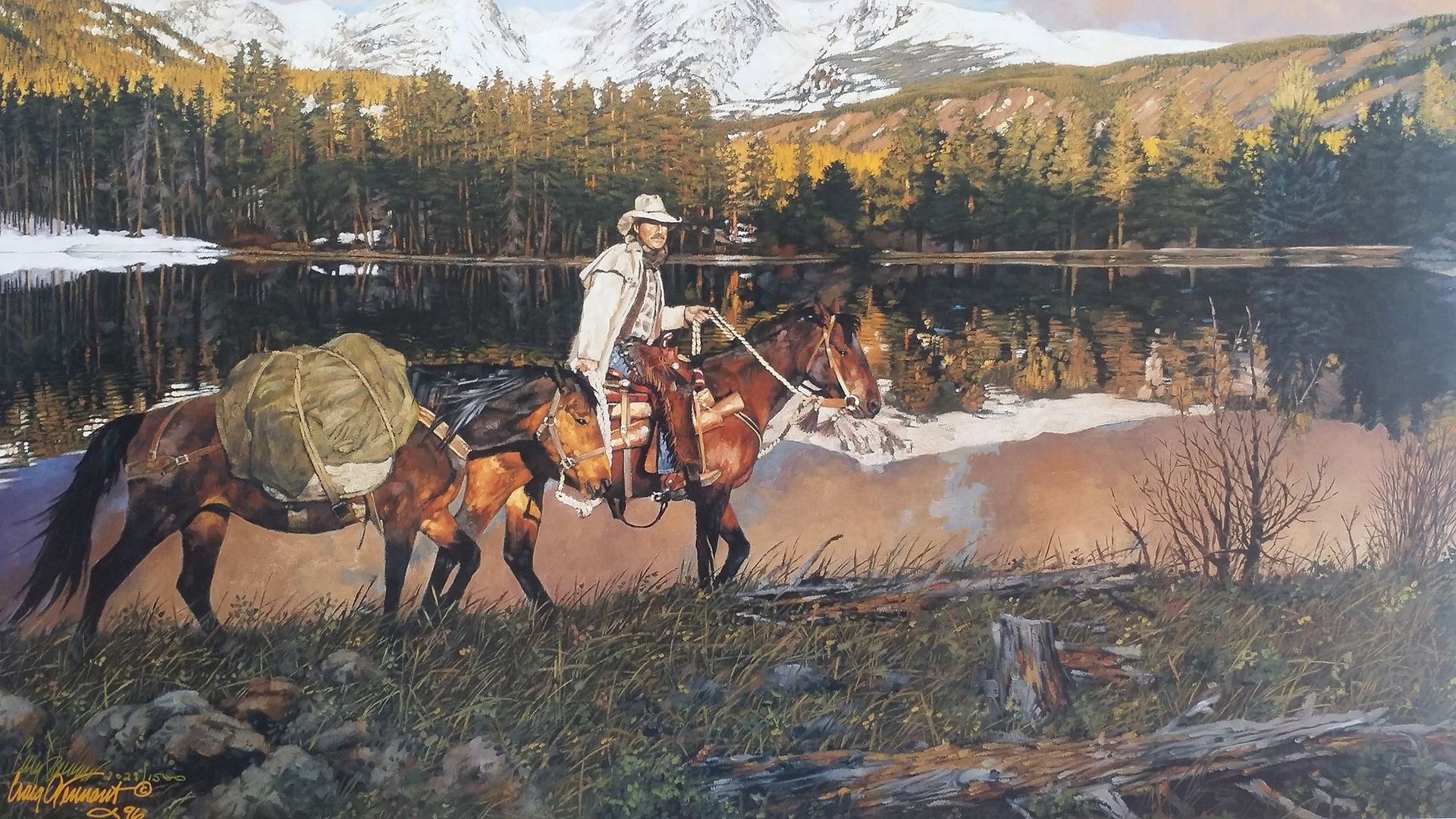 A painting of a man riding a horse near a lake