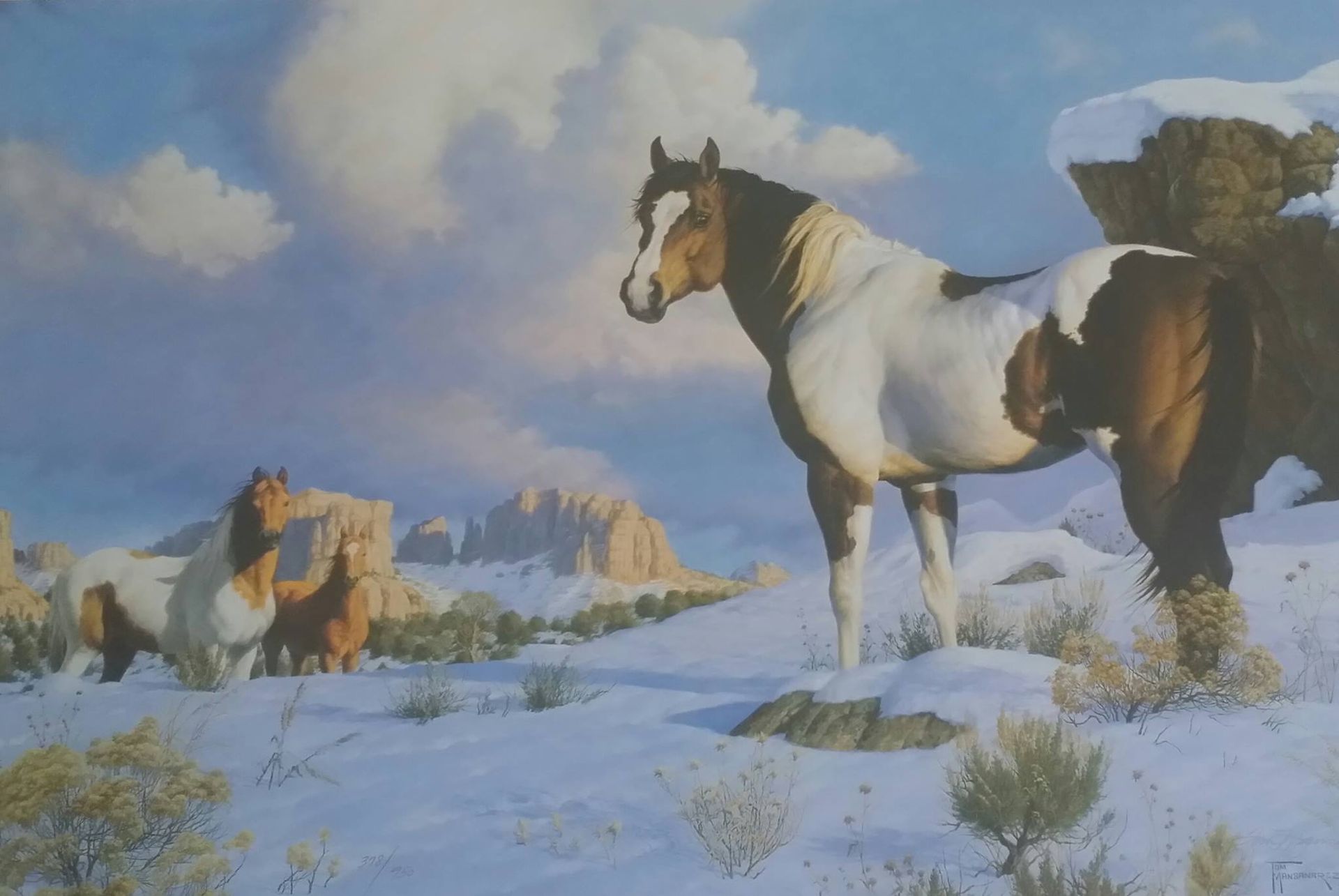 A painting of horses in the snow with mountains in the background