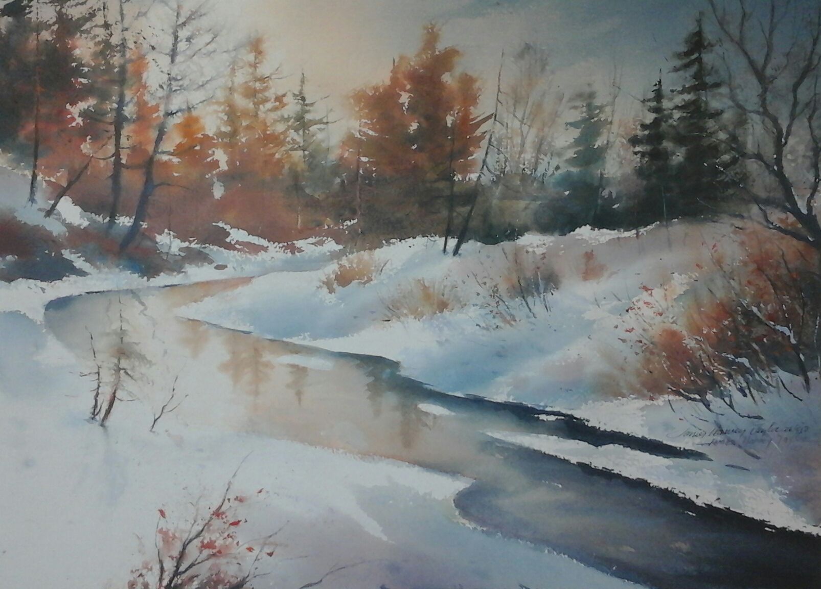 A painting of a river surrounded by snow covered trees