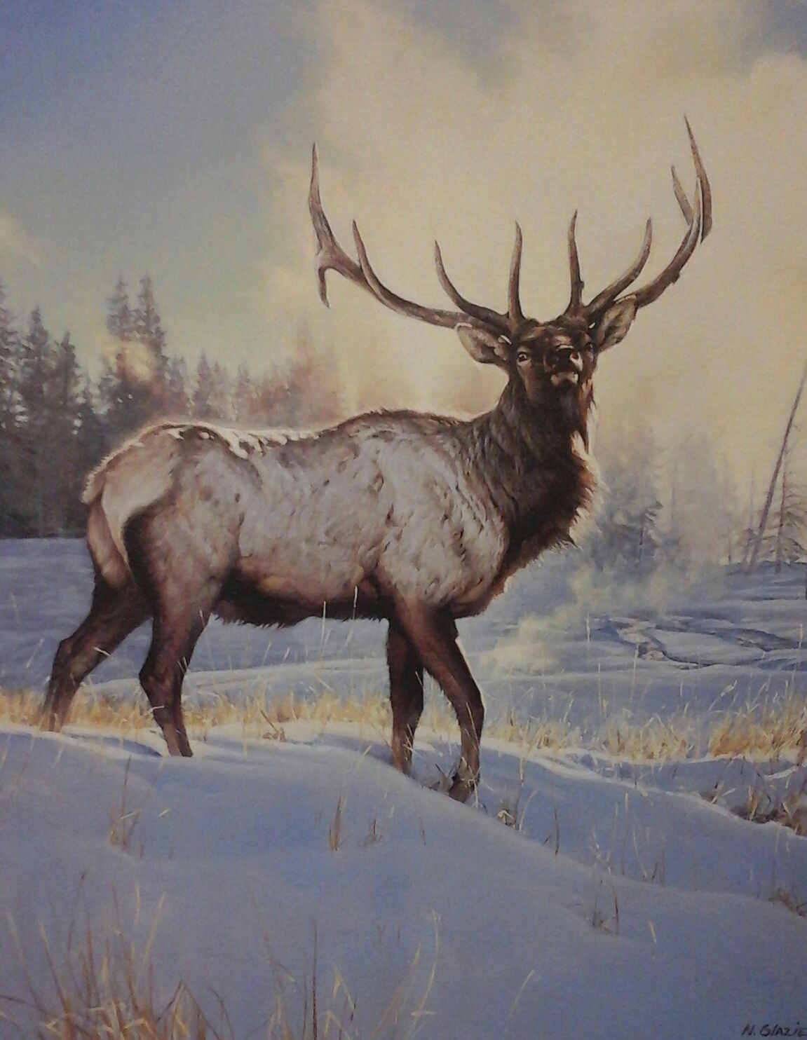A painting of an elk standing in the snow