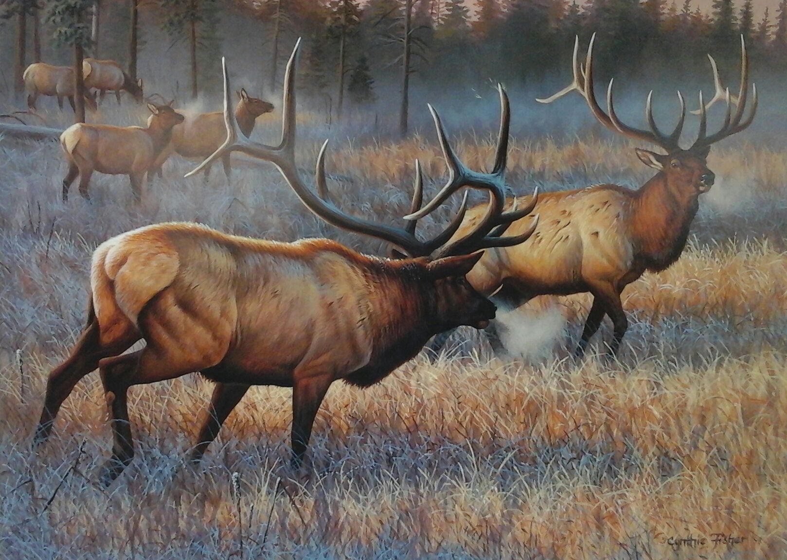 A painting of a herd of elk in a field