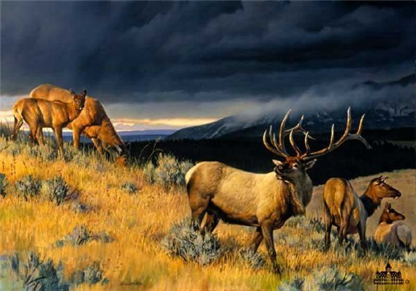 A painting of a herd of elk grazing in a field