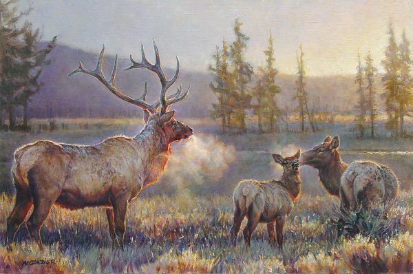 A painting of three elk standing next to each other in a field.