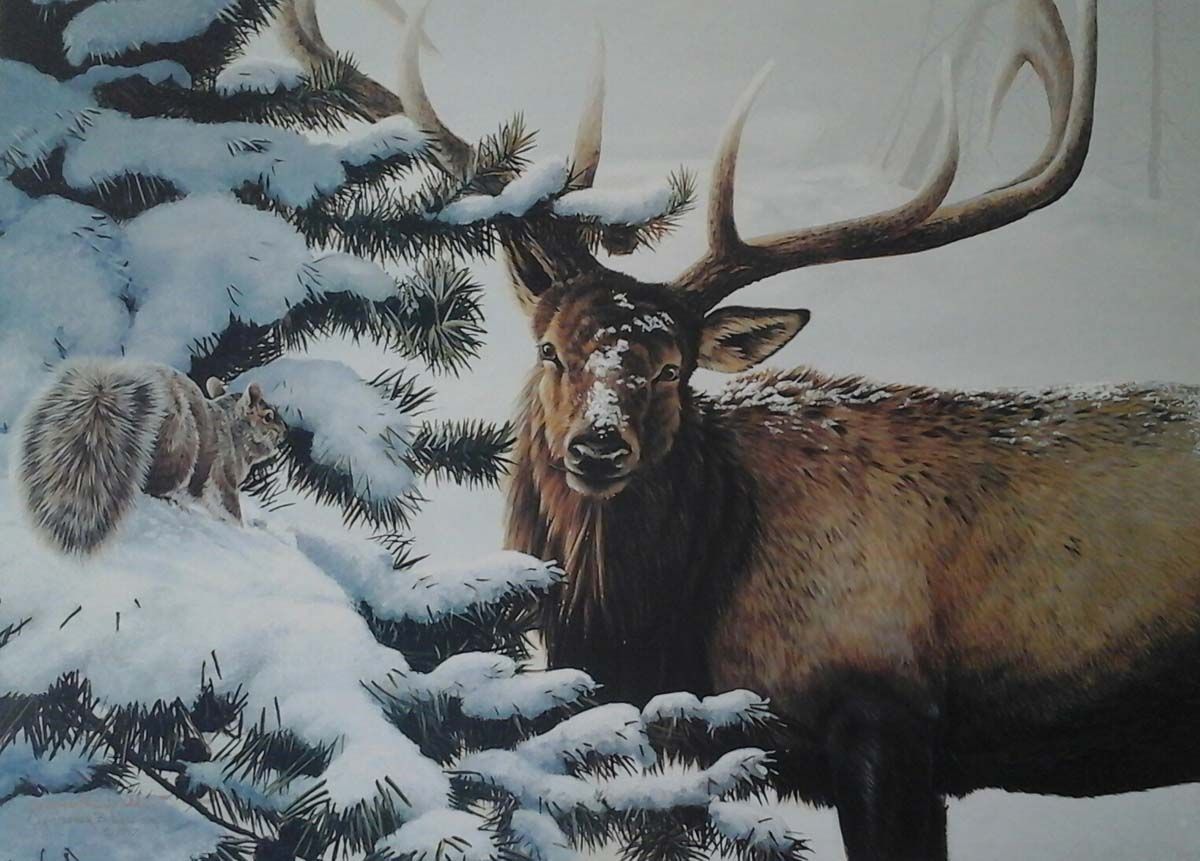 A painting of a deer standing in the snow