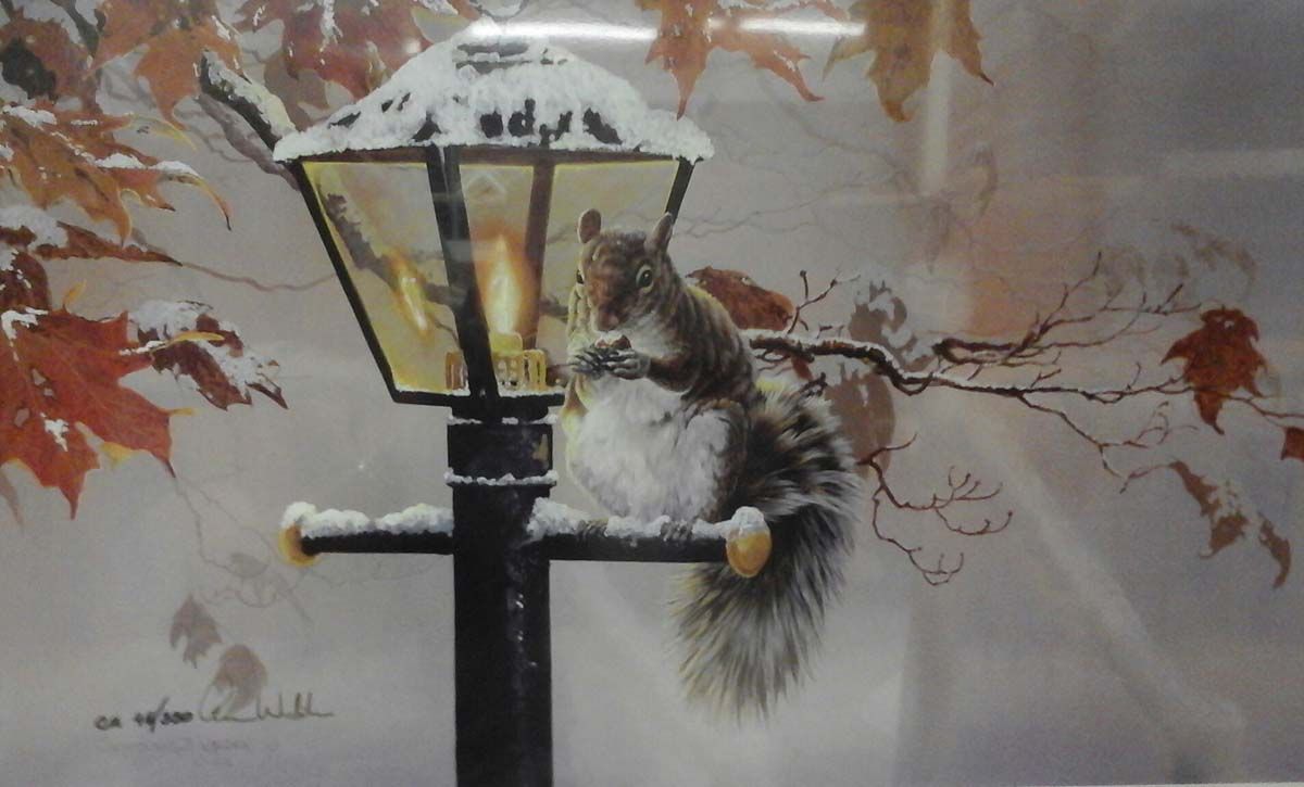A painting of a squirrel sitting on a lamp post