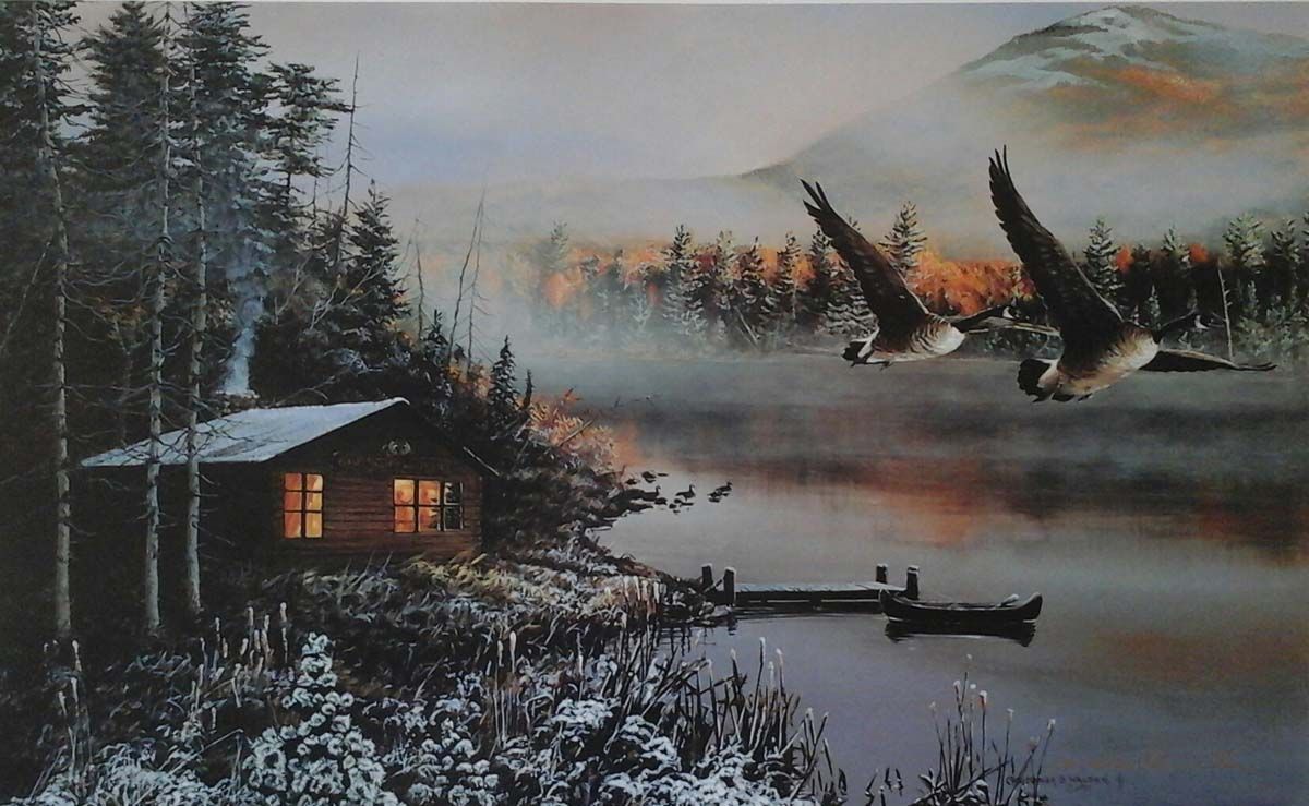 A painting of geese flying over a lake with a cabin in the background