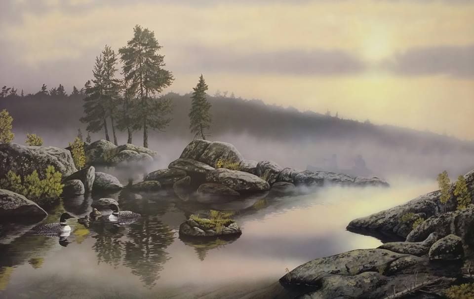 A painting of a lake with rocks and trees in the background.