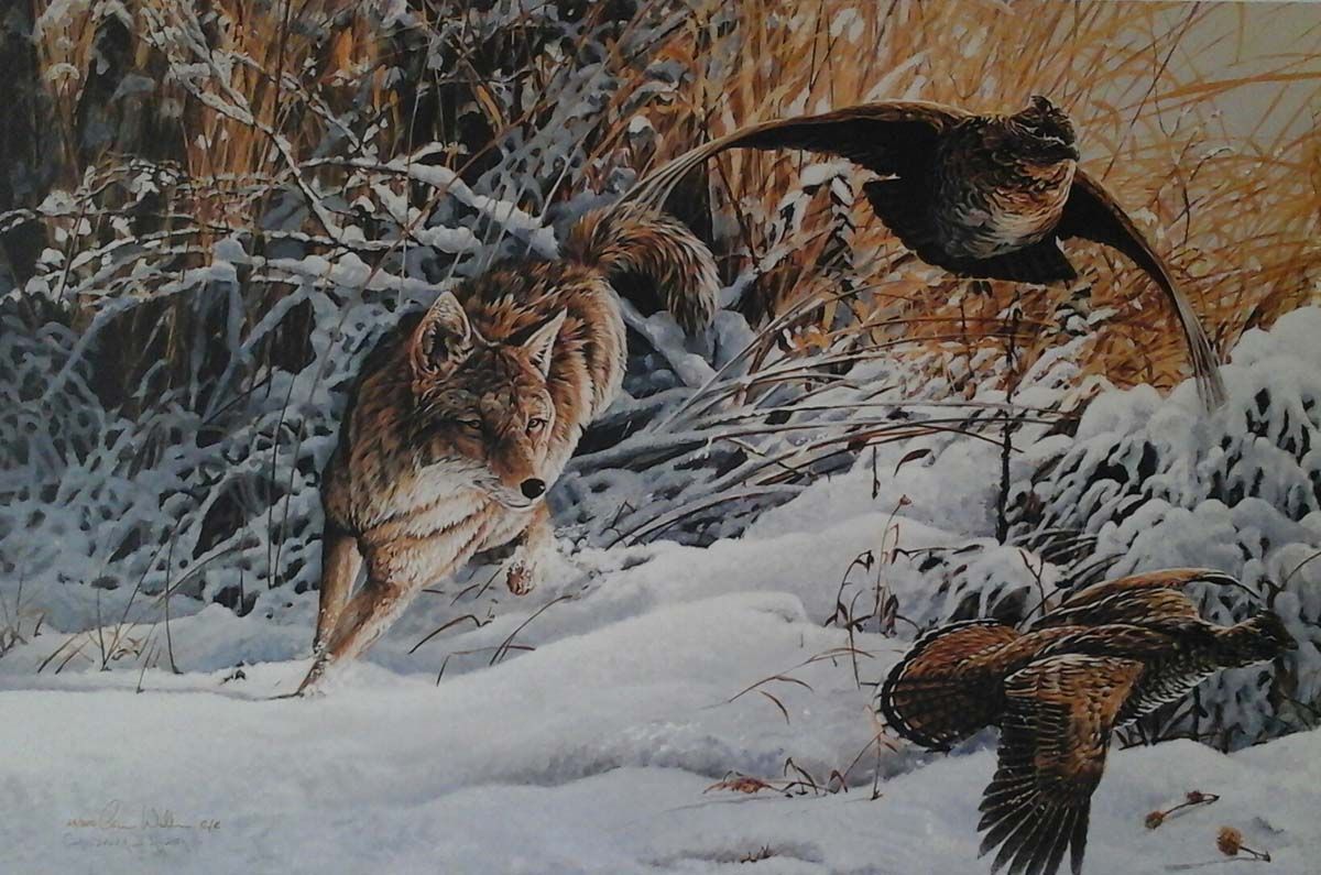 A painting of a coyote and two birds in the snow