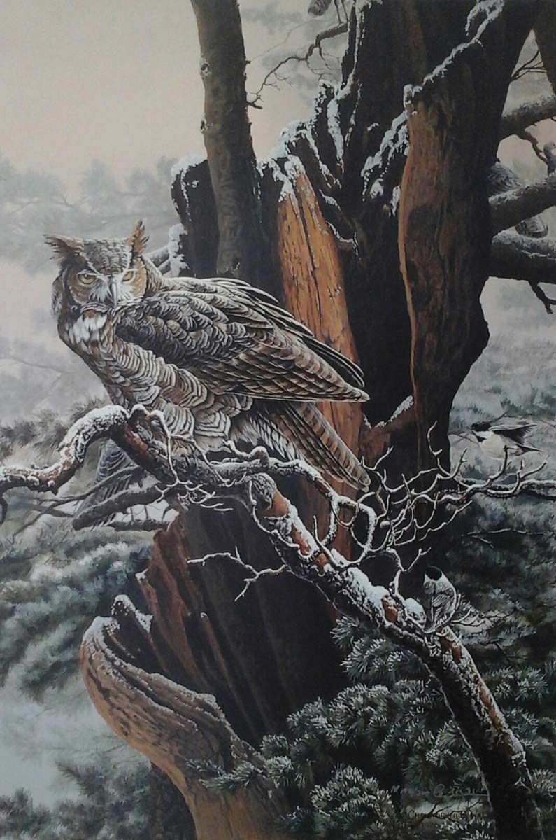 A painting of two owls perched on a tree branch