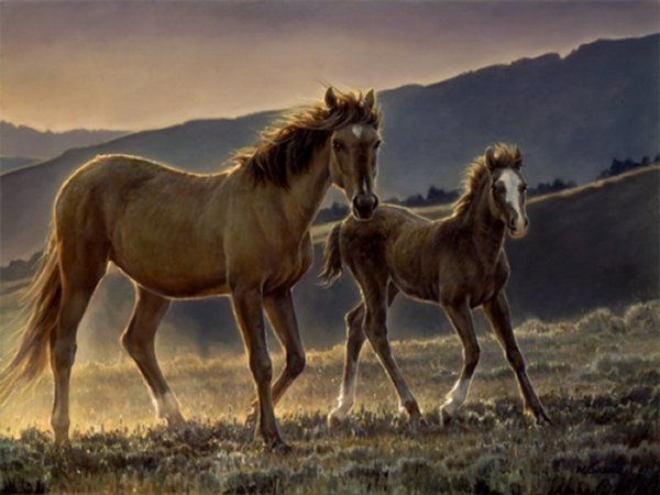 A painting of two horses walking in a field