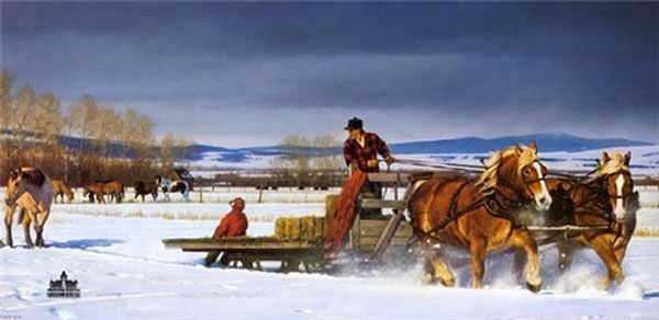 A painting of horses pulling a wagon in the snow