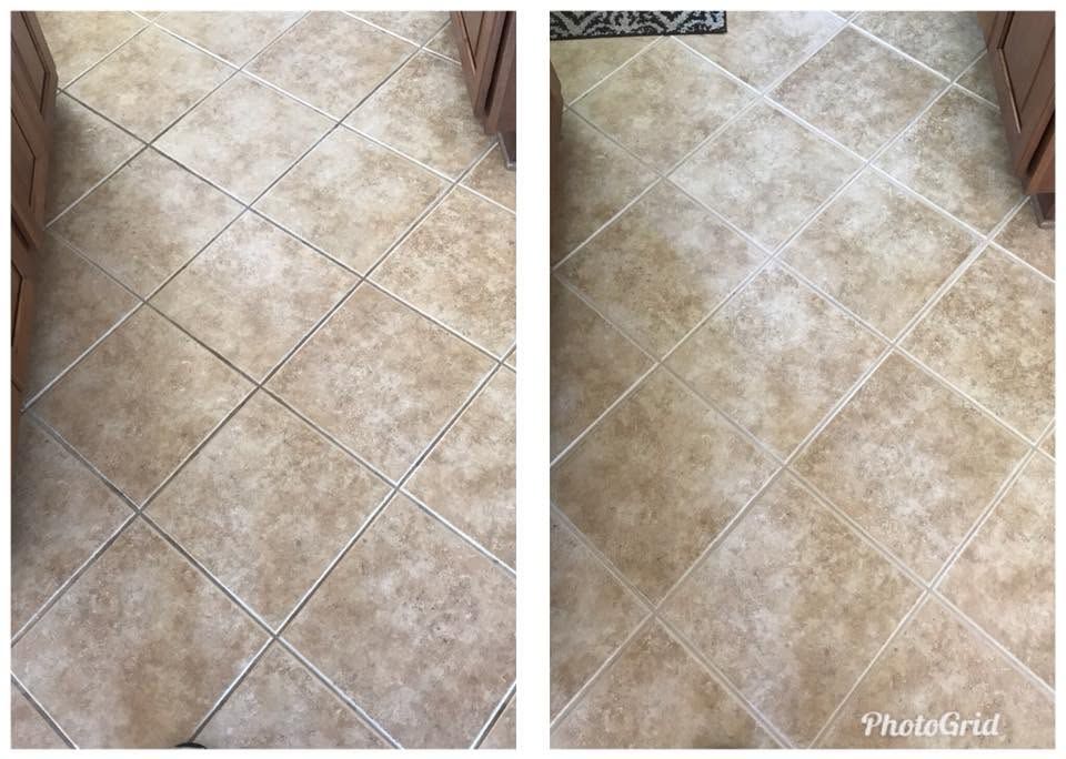 Side-by-side beige tiled floor before and after cleaning, with the right side visibly brighter.