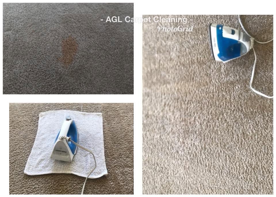 Carpet cleaning before and after: dark stain removed with an iron and towel.
