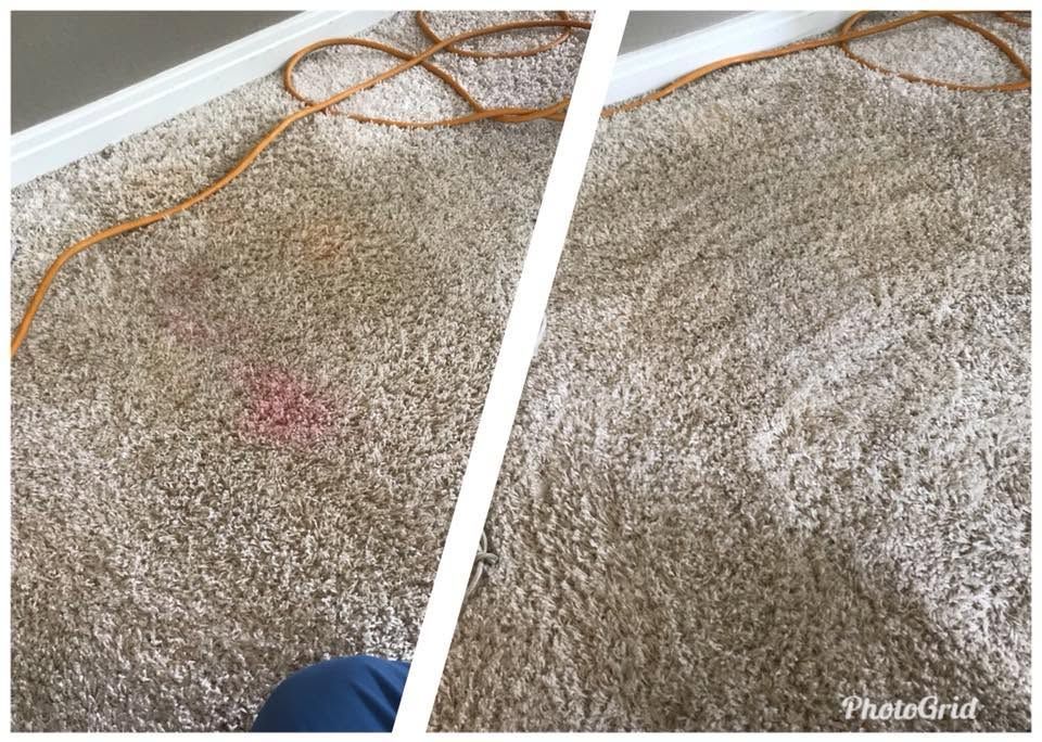 Side-by-side carpet stain before and after cleaning, with an orange cord across the top.