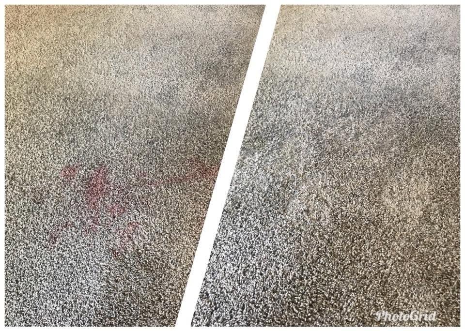 Side-by-side close-up of carpet before and after stain removal, with a red stain on the left.