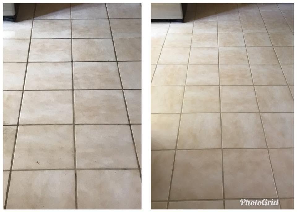 Two side-by-side photos of beige tiled floor with grout lines, showing a cleaner left and slightly darker right view