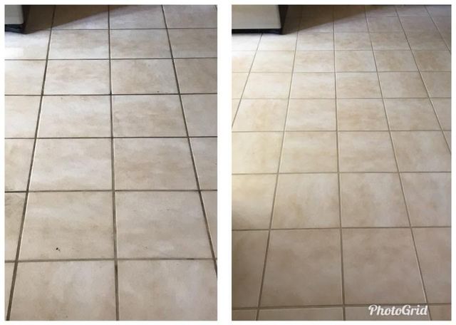 Side-by-side view of tiled floor before and after cleaning, with the right side lighter and cleaner
