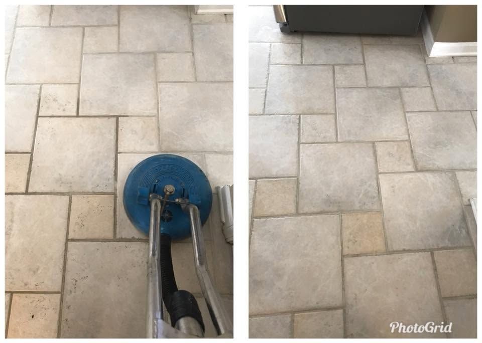 Two side-by-side views of a tiled floor, one with a blue floor-cleaning machine in the foreground.