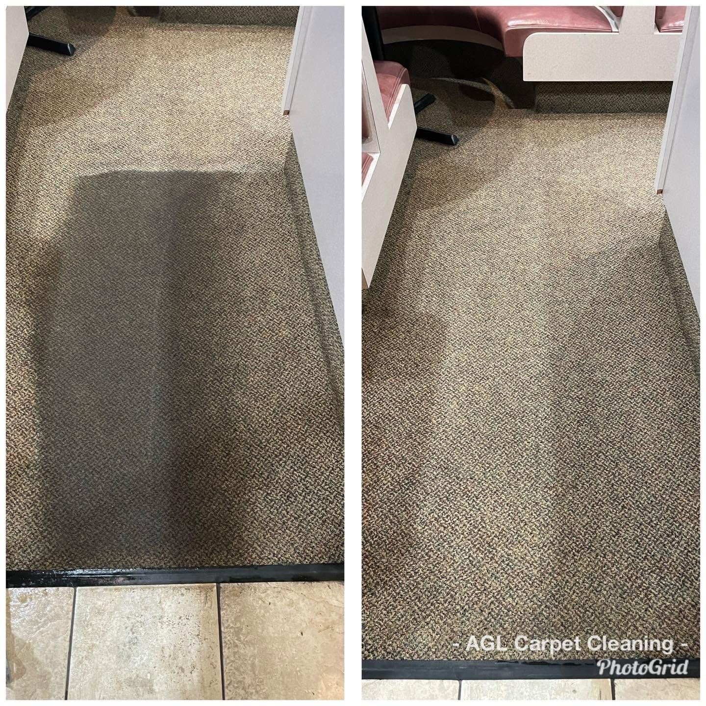 Carpeted hallway and room entrance with darker stained areas, shown in a side-by-side comparison.