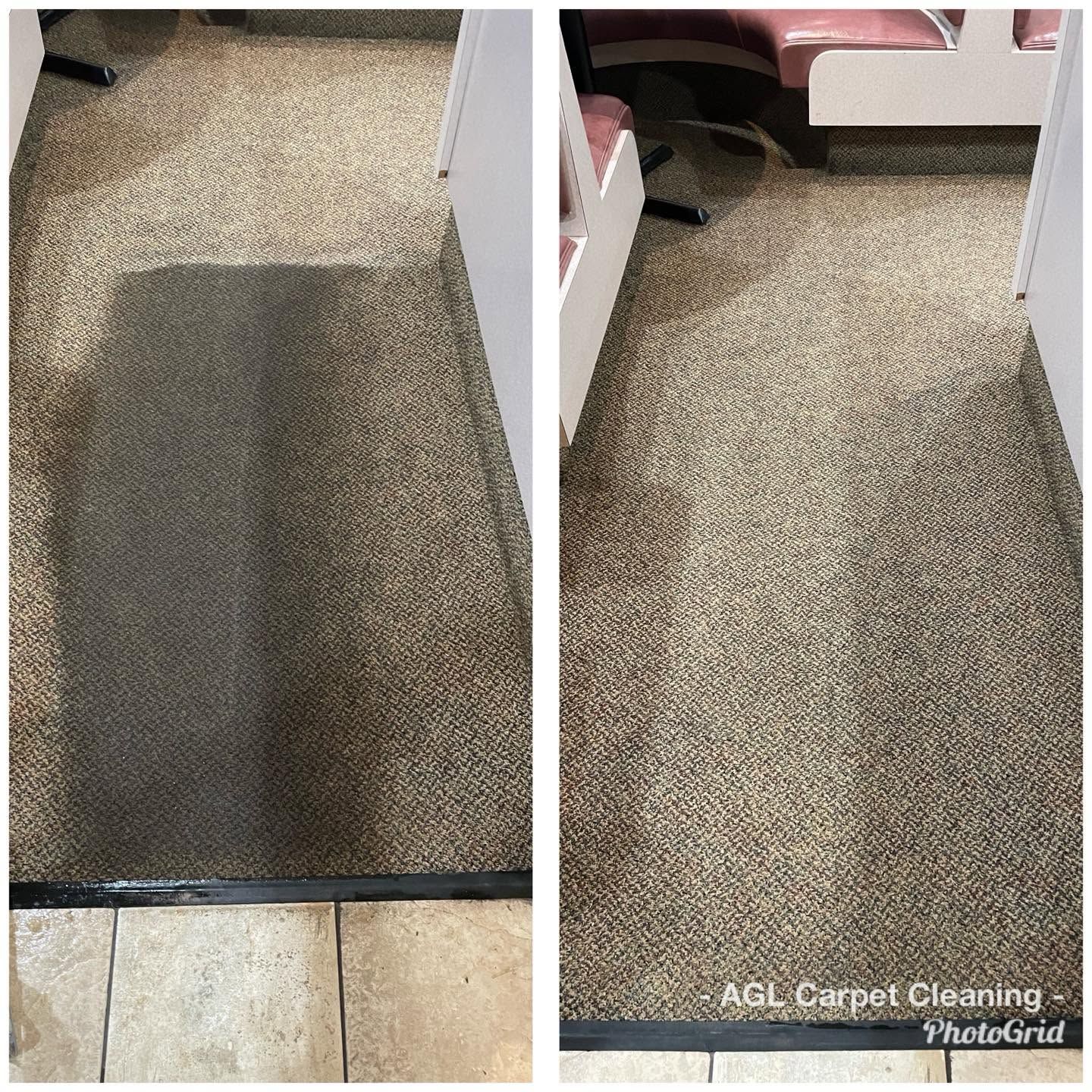 Carpeted hallway and room entrance showing a cleaned, lighter area beside a darker stained section.