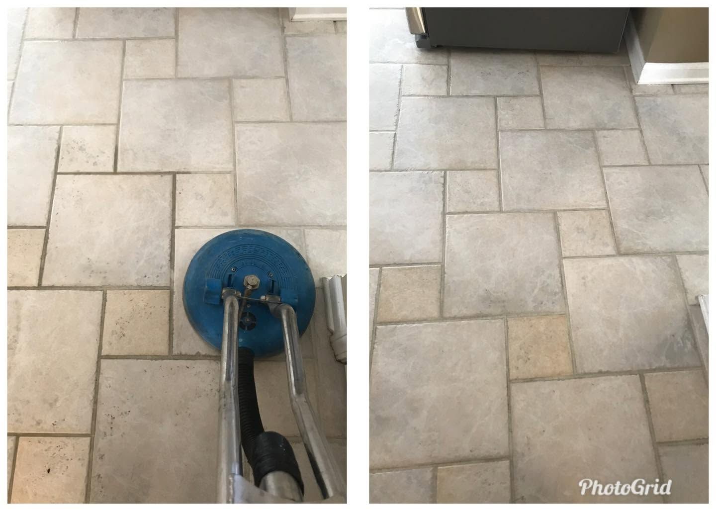 Blue floor-cleaning machine on light stone tile floor near a wall